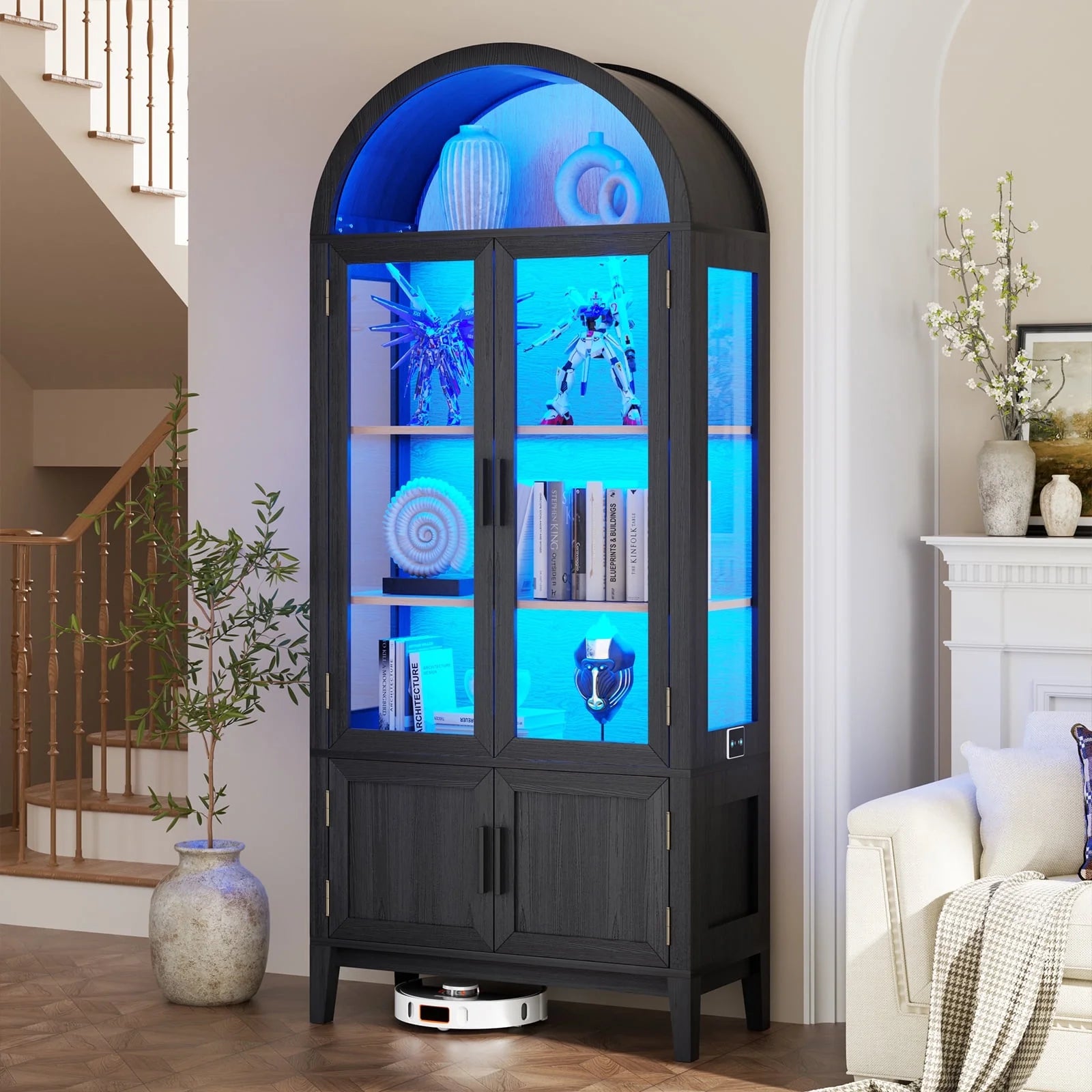 BROTTAR 71" Tall Arched Display Cabinet with Glass Doors, Kitchen Pantry with 3 Color LED Lights & Human Body Sensor, 5-Tier Bookcase for Living Room, Dining Room, Black