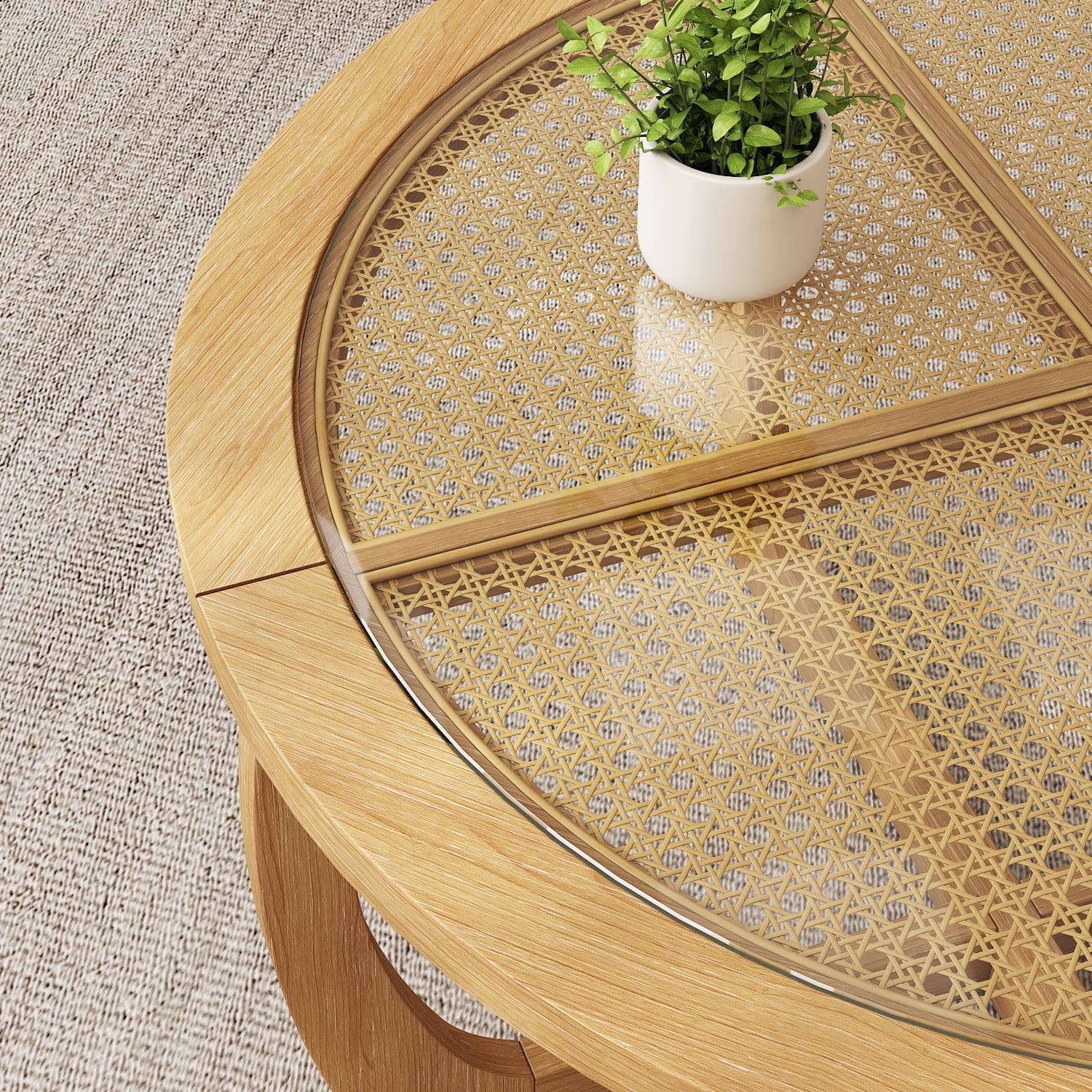 Round Wood Coffee Table with Glass Rattan Top, Wooden Circle Center Table with Curved Legs & Removeable Tempered Glasstop, Cocktail Table for Living Room, Light Brown 32.28" x 18.15"