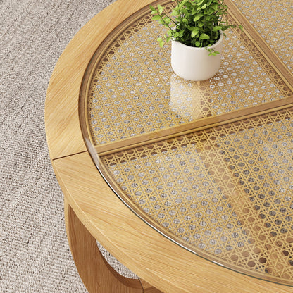 Round Wood Coffee Table with Glass Rattan Top, Wooden Circle Center Table with Curved Legs & Removeable Tempered Glasstop, Cocktail Table for Living Room, Light Brown 32.28" x 18.15"