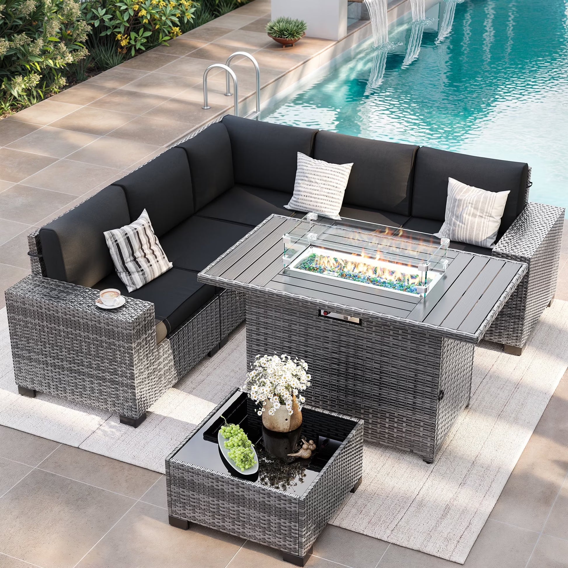 ELPOSUN Outdoor Sectional Furniture Set 6-Piece Brown Rattan Wicker Conversation Sofa Set with Glass Top Table and Waterproof Covers,Blue Cushions