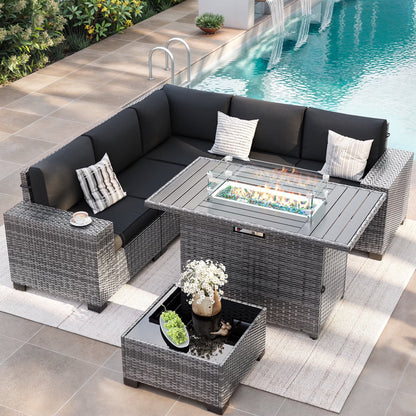 ELPOSUN Outdoor Sectional Furniture Set 6-Piece Brown Rattan Wicker Conversation Sofa Set with Glass Top Table and Waterproof Covers,Blue Cushions