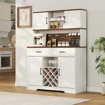 LAFGUR 72" Kitchen Storage Cabinet with Power Outlet & LED Light, Coffee Bar Cabinet with Drawers & Wine Glass Rack,Sideboard for Home,White