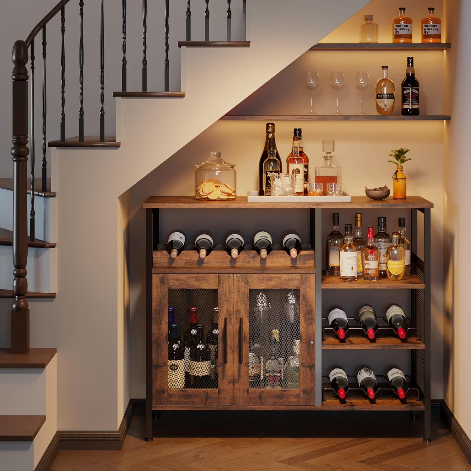 x-Cosrack Wine Bar Cabinet with Detachable Wine Rack, Coffee Bar Cabinet with Glass Holder and Mesh Door, Rustic Brown