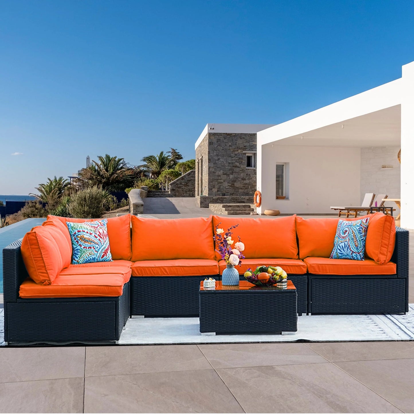 ESSENTIAL LOUNGER 7 Pieces Patio Conversation Set, Outdoor Sectional Sofa PE Rattan Wicker Patio Furniture Set with Cushion and Tempered Glass Table for Patio, Garden& Poolside, Orange