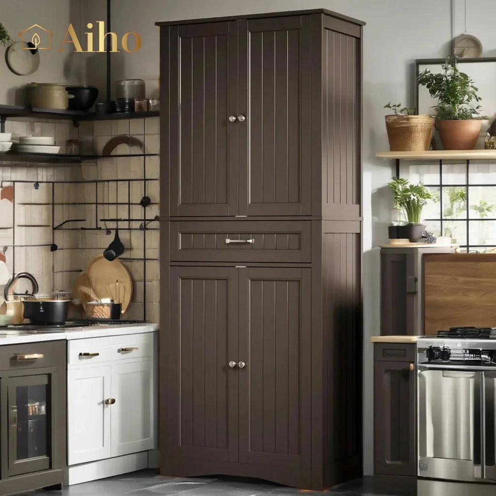 Aiho 67" Kitchen Pantry Storage Cabinet, Pantry Storage Cabinet with 2 Drawers and Glass Doors for Kitchen, Dining Room - White