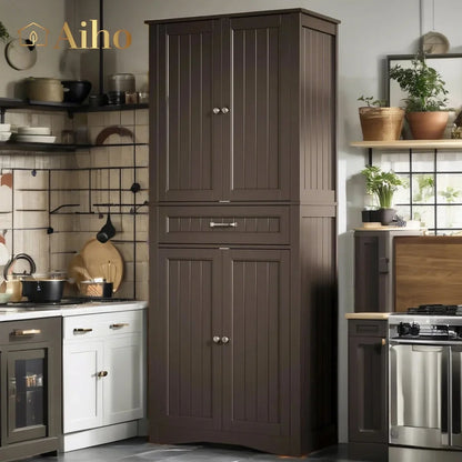 Aiho 67" Kitchen Pantry Storage Cabinet, Pantry Storage Cabinet with 2 Drawers and Glass Doors for Kitchen, Dining Room - White