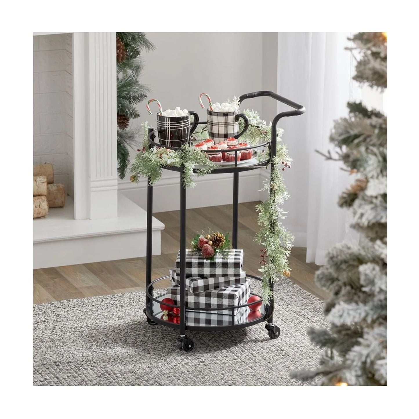 mDesign Metal Vintage Round Beverage Rolling Cart for Home - 2-Tier Serving Bar Trolley with Easy-Glide, Rotating Wheels, Built-in Handle, and Glass Shelves for Wine and Craft Beer - Black Round
