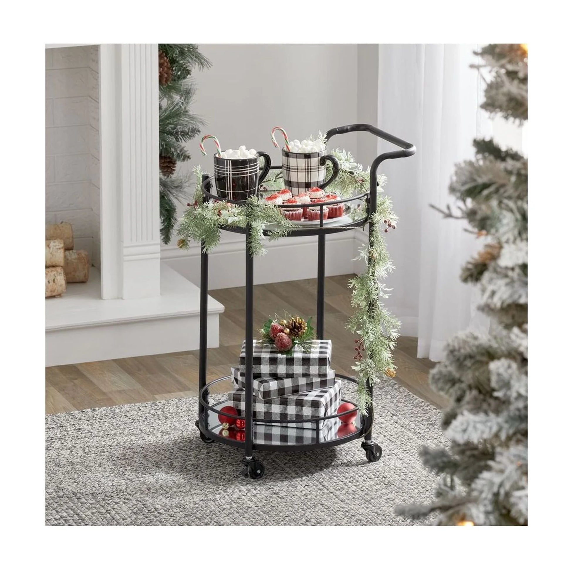 mDesign Metal Vintage Round Beverage Rolling Cart for Home - 2-Tier Serving Bar Trolley with Easy-Glide, Rotating Wheels, Built-in Handle, and Glass Shelves for Wine and Craft Beer - Black Round