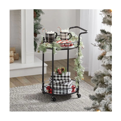 mDesign Metal Vintage Round Beverage Rolling Cart for Home - 2-Tier Serving Bar Trolley with Easy-Glide, Rotating Wheels, Built-in Handle, and Glass Shelves for Wine and Craft Beer - Black Round