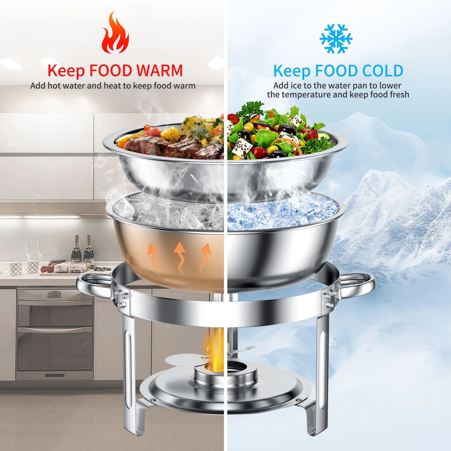 Chafing Dish Buffet Set 4 Pack: TINANA 5QT Stainless Steel Chafing Dishes with Glass Lid & Lid Holder, Round Food Warmers for Parties, Events, Wedding-Gold