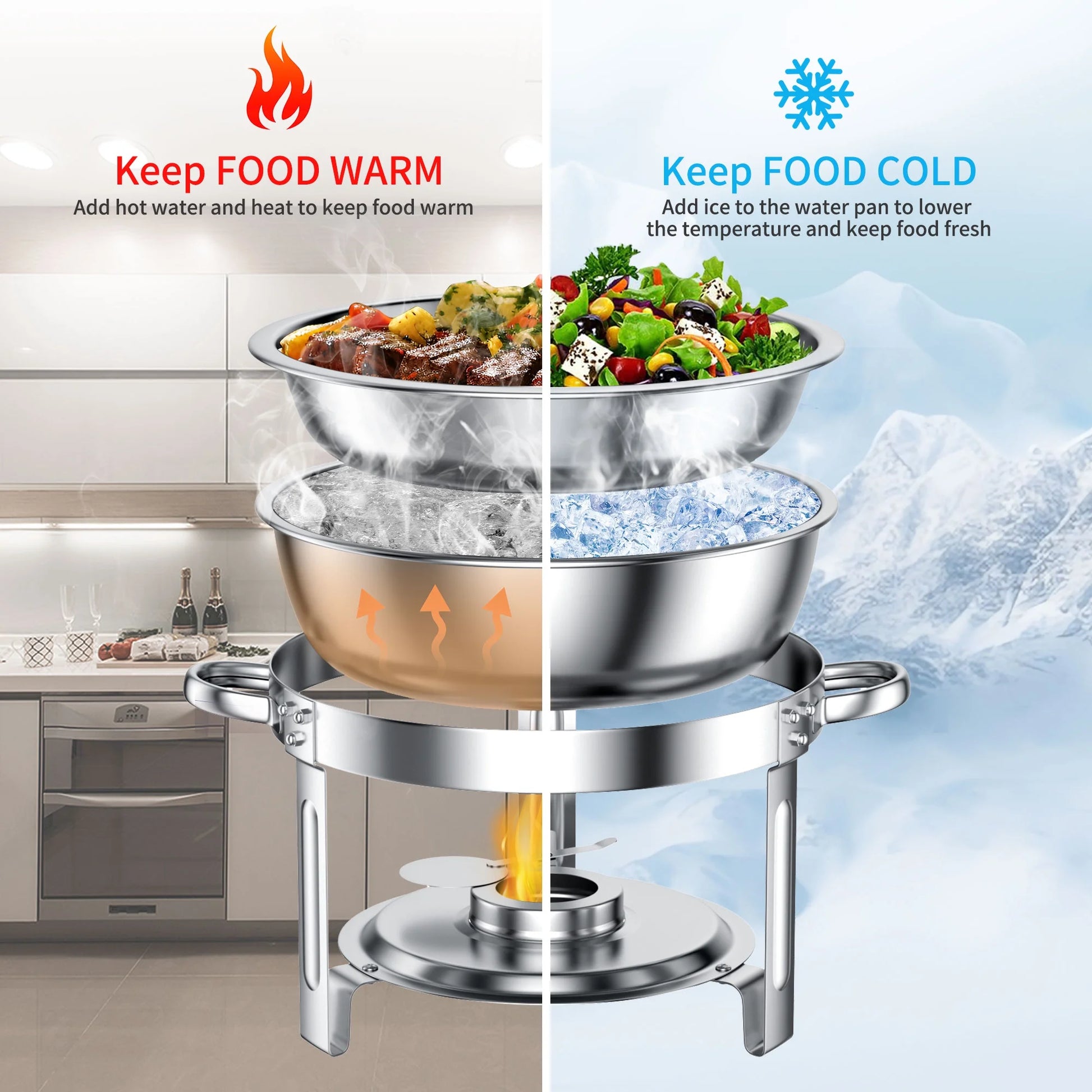 Chafing Dish Buffet Set 4 Pack: TINANA 5QT Stainless Steel Chafing Dishes with Glass Lid & Lid Holder, Round Food Warmers for Parties, Events, Wedding-Gold
