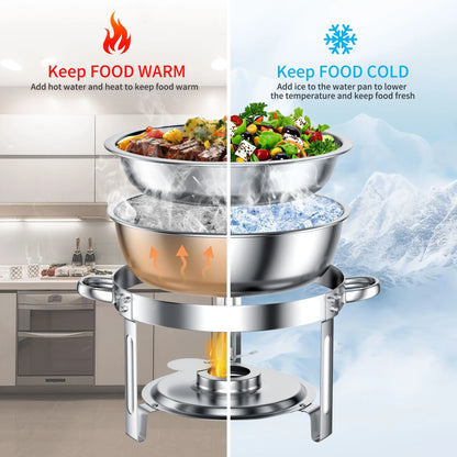 Chafing Dish Buffet Set 4 Pack: TINANA 5QT Stainless Steel Chafing Dishes with Glass Lid & Lid Holder, Round Food Warmers for Parties, Events, Wedding-Gold