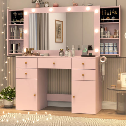 White Vanity Desk with Large Lighted Mirror & Power Outlet, Makeup Vanity Table with Glass Top & Drawers, Sliding Storage, 44.1" Large Makeup Vanity Table for Women Girls, White