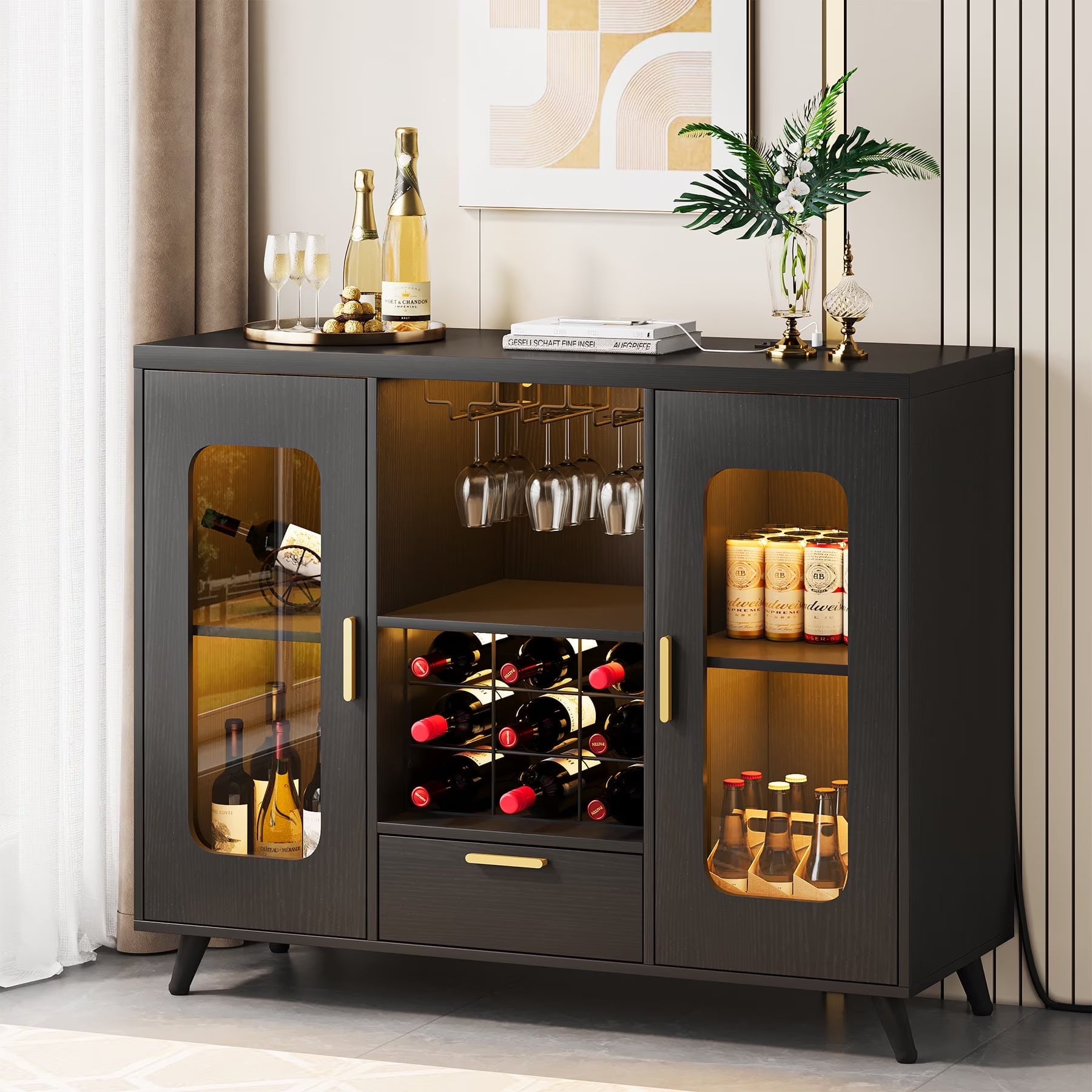 Condemo Wine Bar Cabinet with LED Light & Power Outlet, Liquor Cabinet with Wine Rack and Glass Holder for Dining Room, Living Room, Kitchen, White