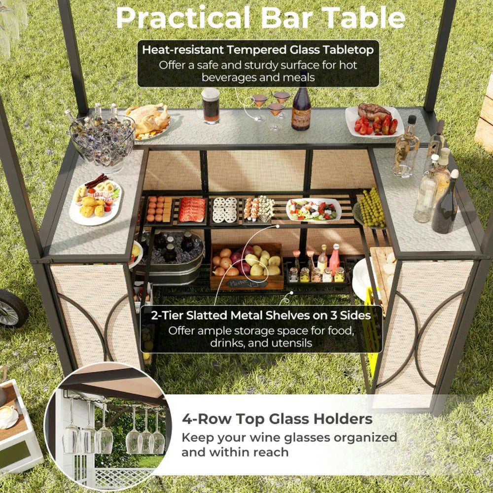 Spaco 3-Piece Patio Bar Set with A Heat-Resistant Tempered Glass Top, Grill Gazebo & 2 Bar Stools with Tempered Glass Bar Table, Bar Set for Outdoor, Brown