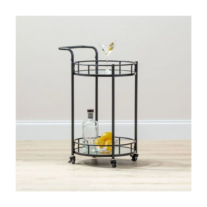 mDesign Metal Vintage Round Beverage Rolling Cart for Home - 2-Tier Serving Bar Trolley with Easy-Glide, Rotating Wheels, Built-in Handle, and Glass Shelves for Wine and Craft Beer - Black Round