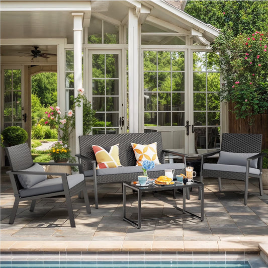 Lofka Outdoor Patio Furniture Set Clearance with Wicker Chairs and Tempered Glass Table for Balcony|Garden|Porch, Gray Cushions
