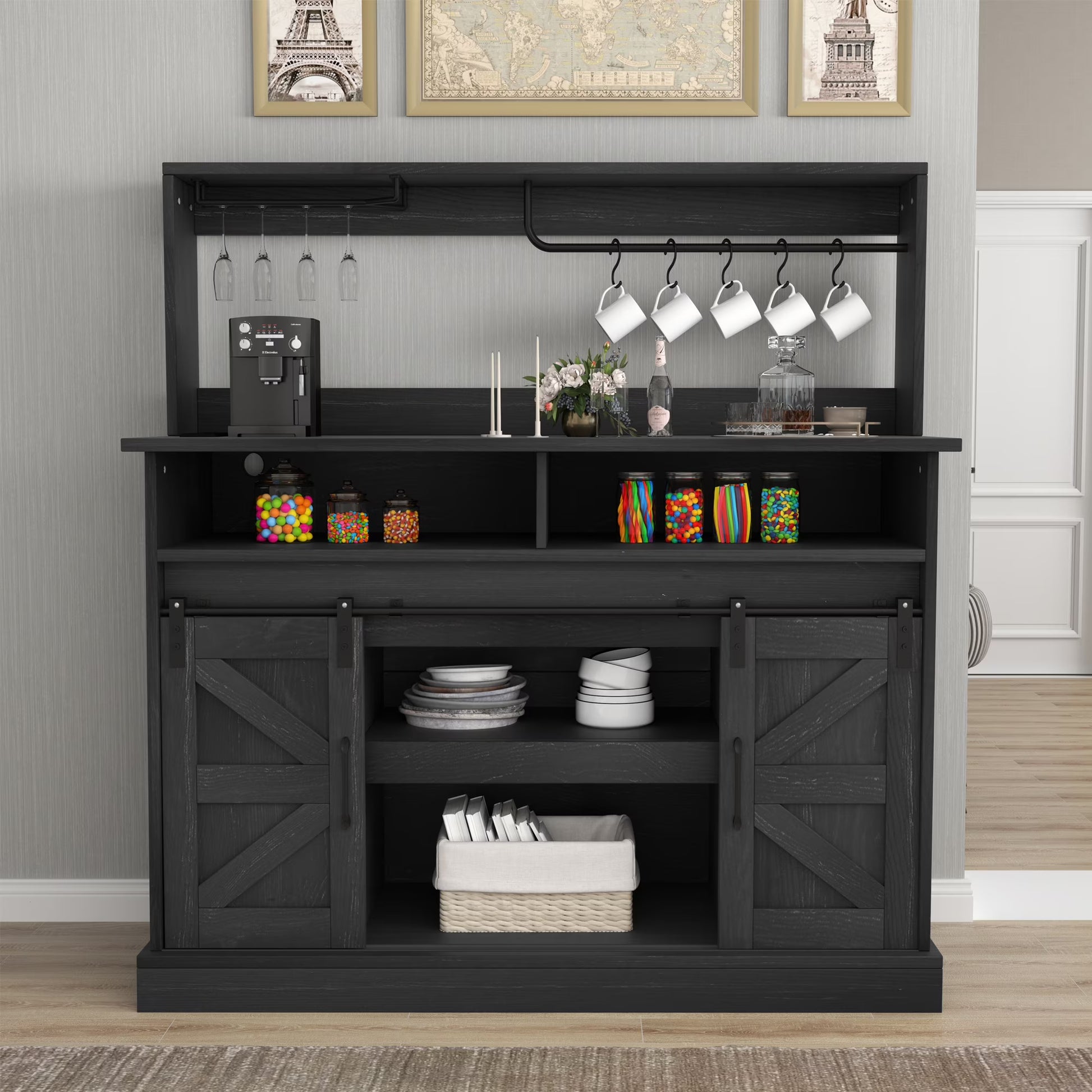 Dextrus 47" Farmhouse Coffee Bar Cabinet,Buffet Cabinets with Power Socket, Wine Glass Rack, Barn Door for Kitchen Black