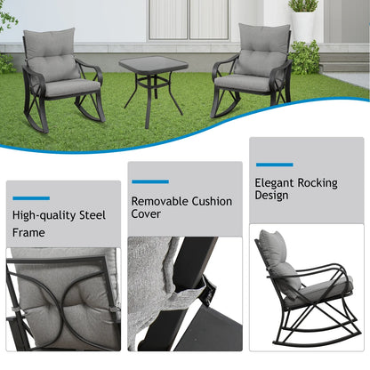 COSIEST 3 Piece Rocking Chair Bistro Set, Patio Outdoor Furniture w Cushions, Glass-Top Table