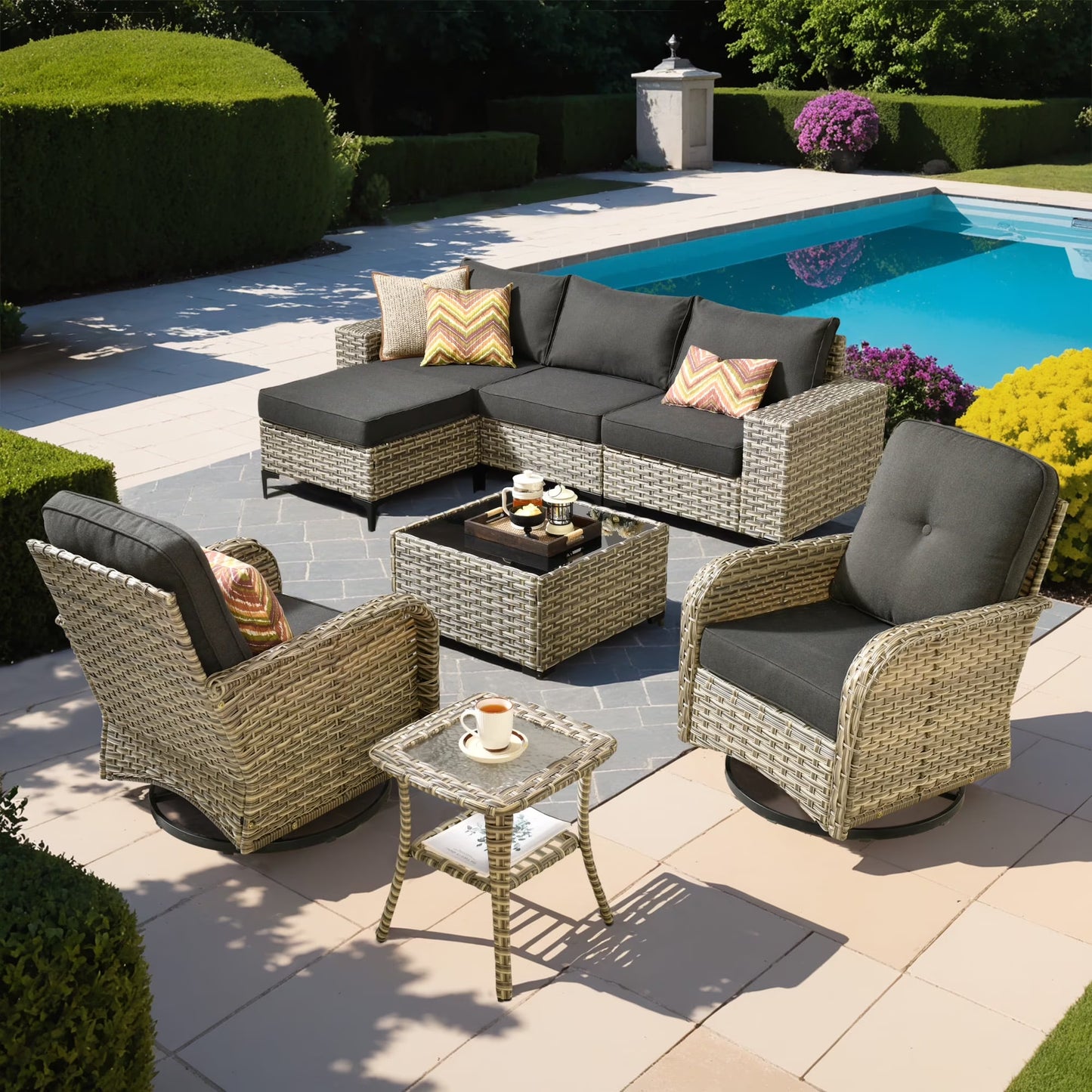 Ovios 8 Pieces Wicker Patio Furniture Sets Outdoor Conversation Sectional Sofa with Swivel Chairs & Glass Coffee Table