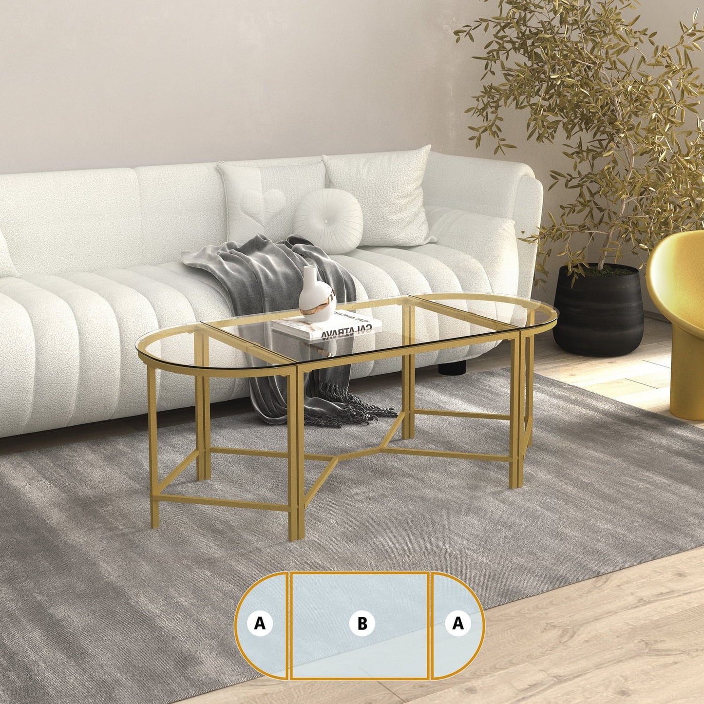 Homy Casa Glass Gold Coffee Table 2-Piece Table Set, Round Glass Nesting Table with Gold Frame for Living Room