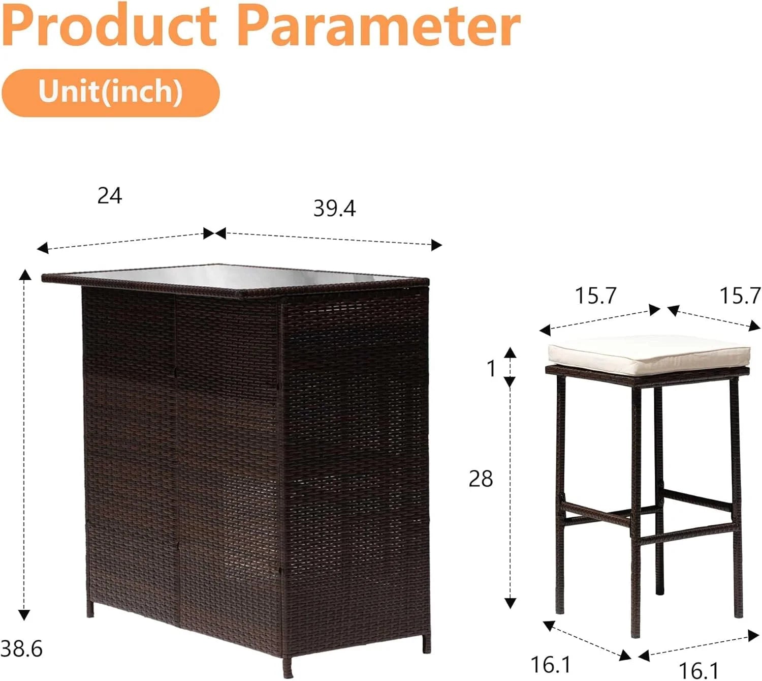 CL.HPAHKL Patio Bar Set, 3 Piece Outdoor Rattan Wicker Furniture Set with Glass Top Table & 2 Cushions Stools for Patios Backyards Porches Gardens Poolside, Khaki