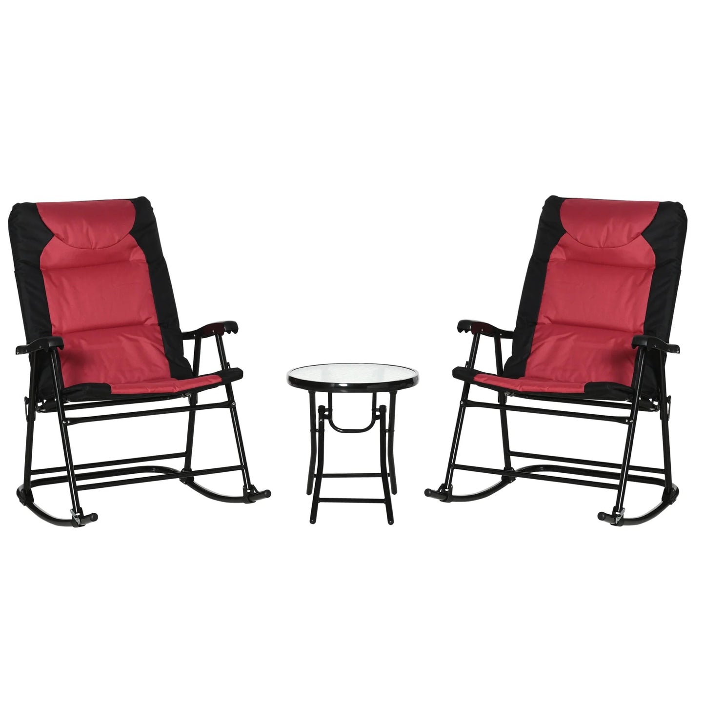 Outsunny 3 Piece Outdoor Patio Furniture Set with Glass Coffee Table & 2 Folding Padded Rocking Chairs, Bistro Style for Porch, Camping, Balcony, Blue