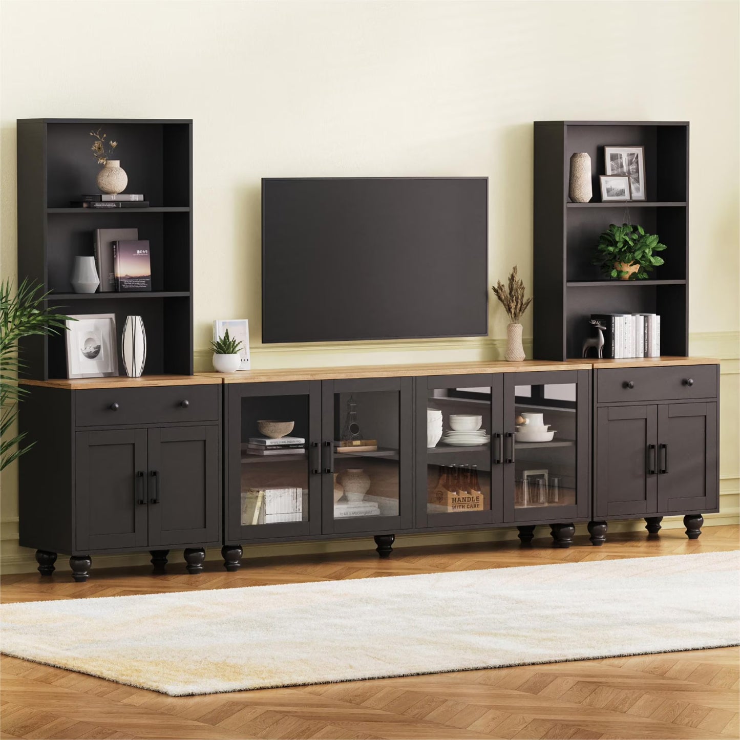 Euroco 110" Entertainment Center Wall Unit Set with Glass Display Cabinets, Adjustable Shelves & Vintage TV Stand for TVs up to 85", Farmhouse Style Media Console with Storage, Gourd Legs