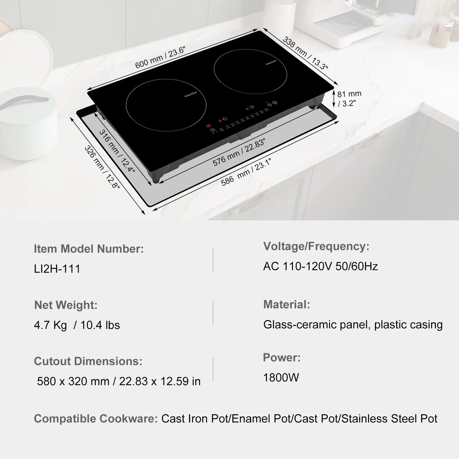 KFFKFF 2 Burners Ceramic Glass Stove Top Touch Control 24 inch Electric Cooktop