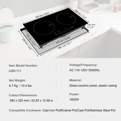 KFFKFF 2 Burners Ceramic Glass Stove Top Touch Control 24 inch Electric Cooktop