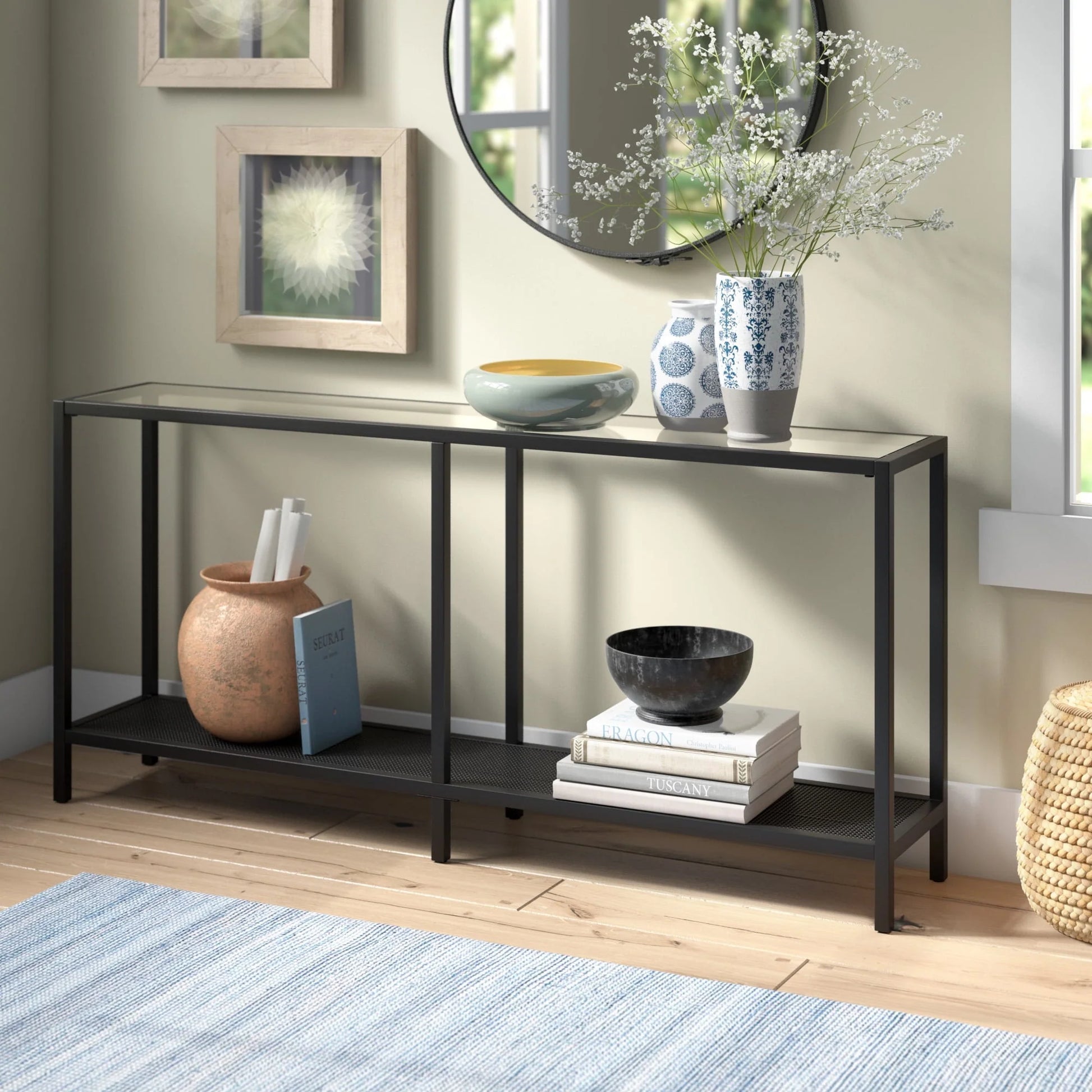 Evelyn& Zoe Contemporary Metal Console Table with Glass Top
