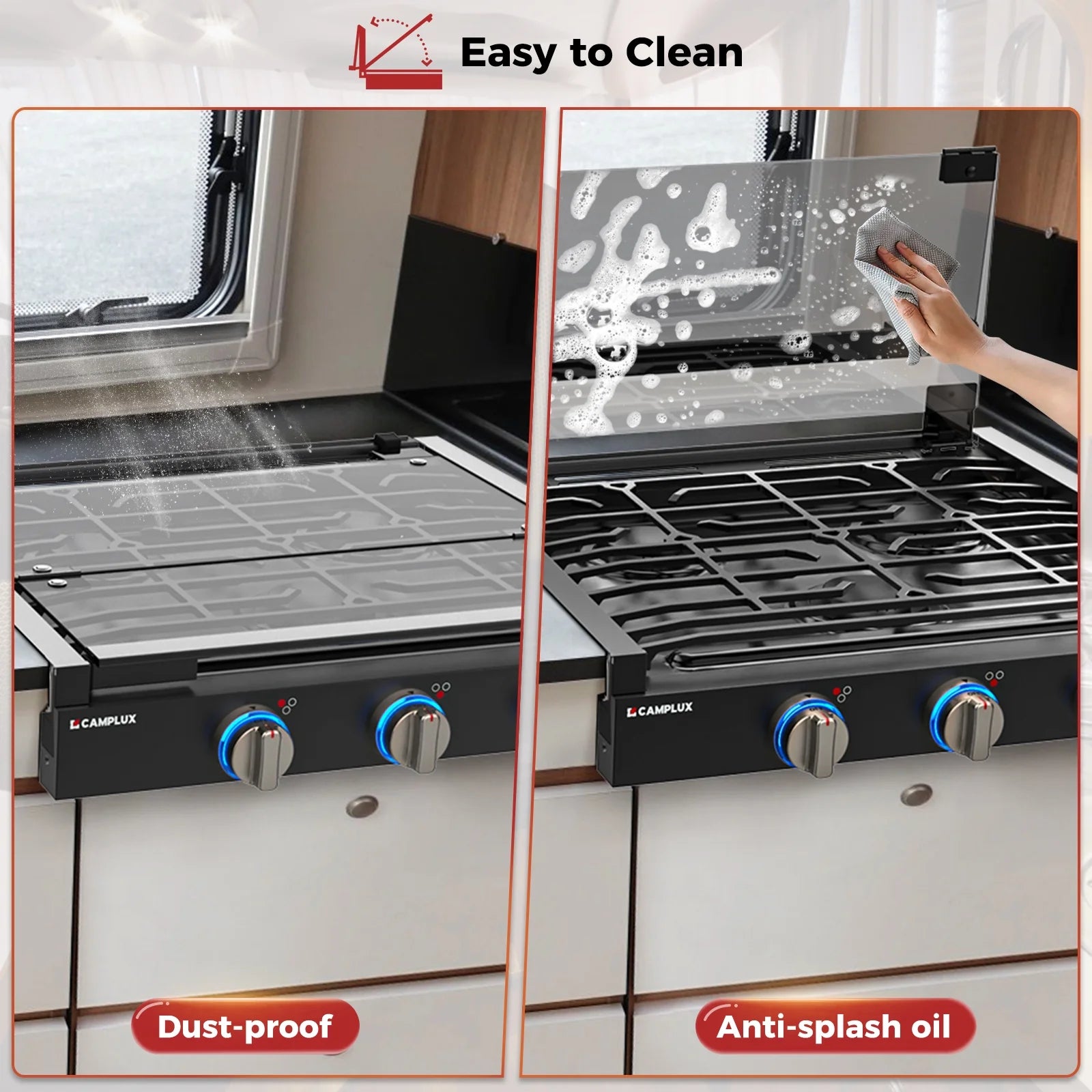 CAMPLUX RV Cooktop 3 Burners Slide-in, Outdoor Propane Cooktop Stove with Tempered Glass Cover, 21 inches Gas Rangetop, 21,000BTU, Black