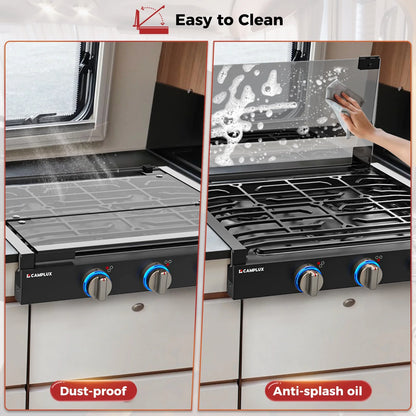 CAMPLUX RV Cooktop 3 Burners Slide-in, Outdoor Propane Cooktop Stove with Tempered Glass Cover, 21 inches Gas Rangetop, 21,000BTU, Black