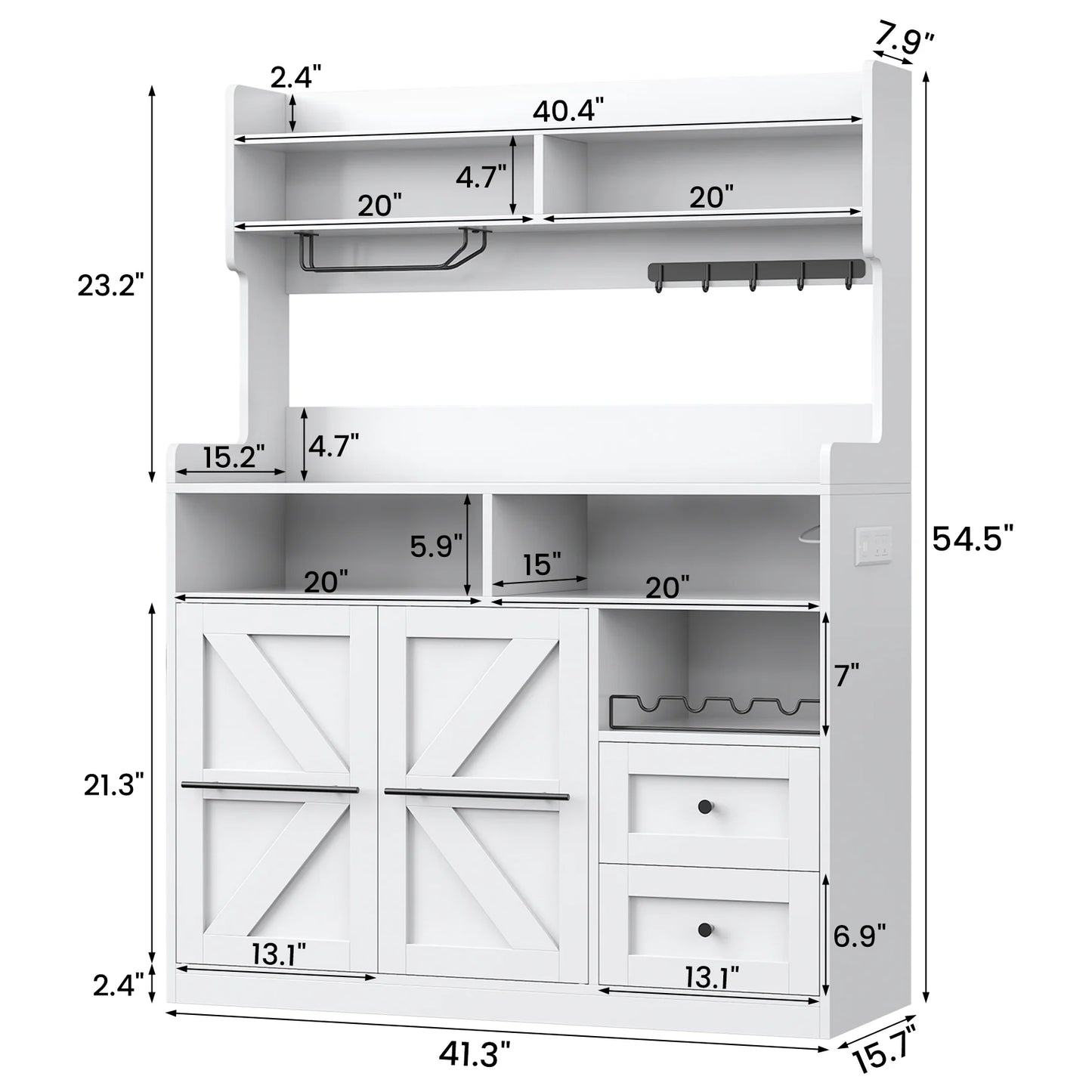 Winkalon Farmhouse Coffee Bar with LED Lights, 41.3 inch Coffee Bar Cabinet with Storage, Wine Bar Cabinet with Wine and Glass Rack for Living, Dining Room, White