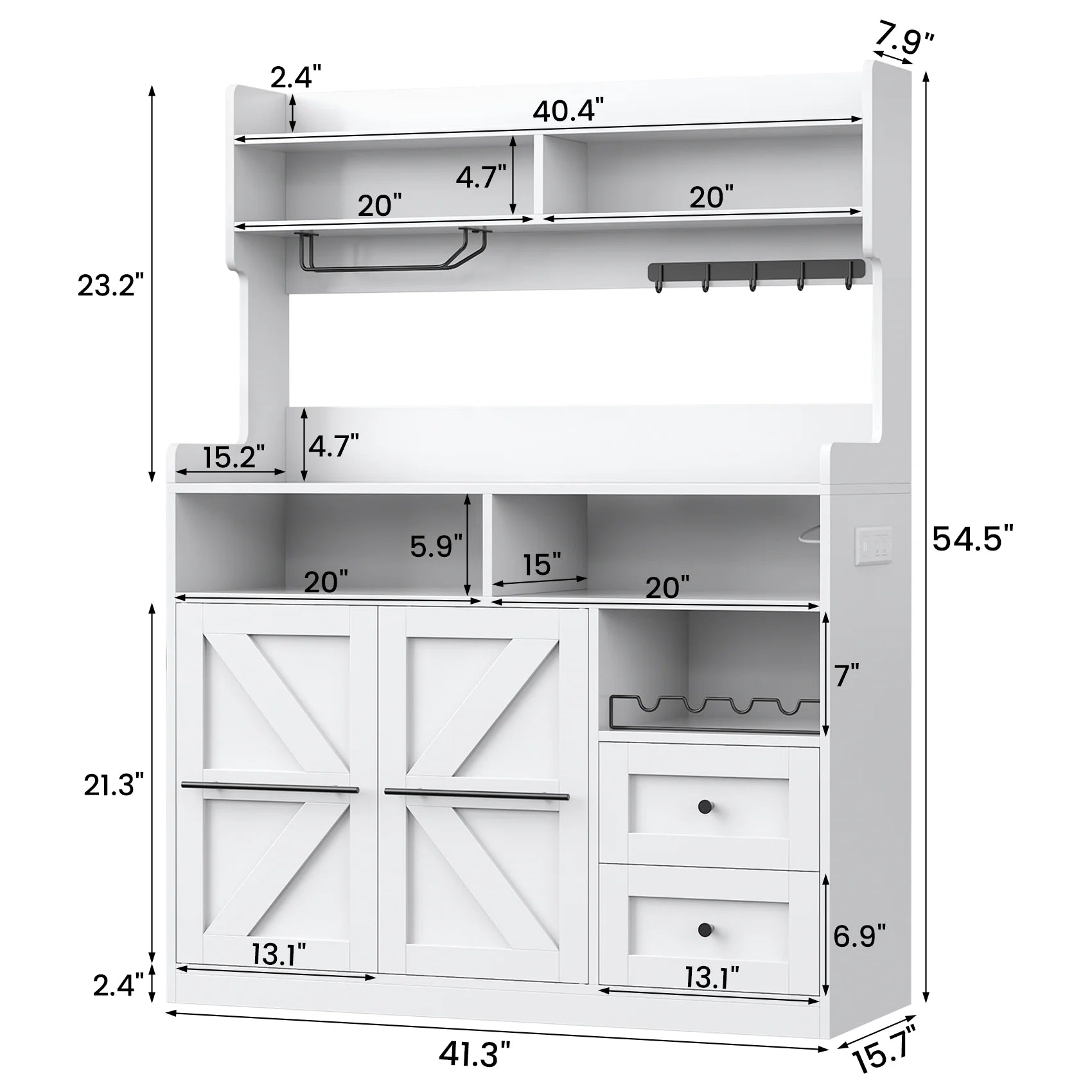 Winkalon Farmhouse Coffee Bar with LED Lights, 41.3 inch Coffee Bar Cabinet with Storage, Wine Bar Cabinet with Wine and Glass Rack for Living, Dining Room, White