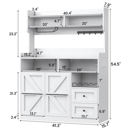 Winkalon Farmhouse Coffee Bar with LED Lights, 41.3 inch Coffee Bar Cabinet with Storage, Wine Bar Cabinet with Wine and Glass Rack for Living, Dining Room, White