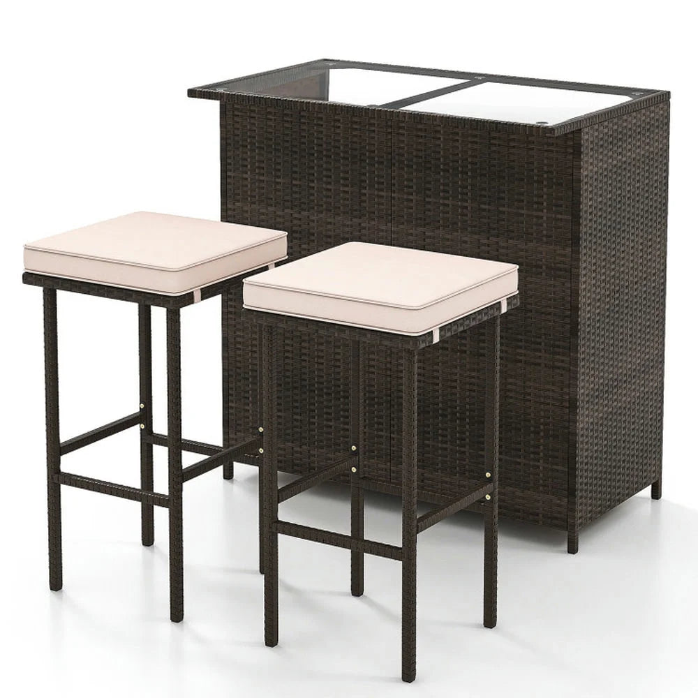 Spaco 3 Pcs Patio Bar Set with Tempered Glass Tabletop, Patio Furniture, Outdoor Furniture for Backyard-Brown