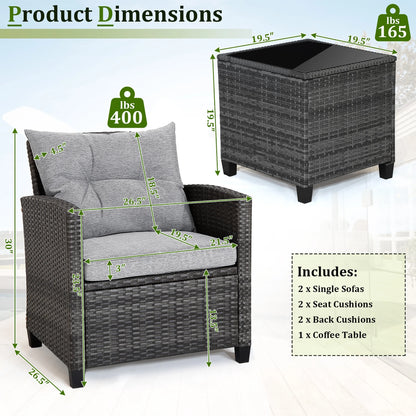 Gymax 3PCS Patio Rattan Sofa Set Outdoor Wicker Conversation Set Glass Tabletop w/Grey Cushion