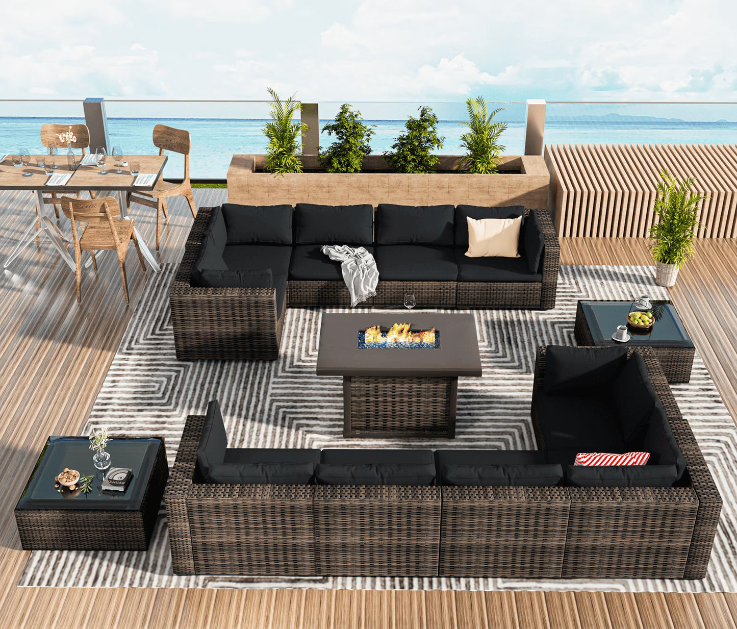 Grezone 15 Pieces Patio Furniture Set with Fire Pit Table, All Weather Outdoor Sectional PE Rattan, Patio Conversation Sets Cushions & Black-glass Coffee Table for Garden Lawn Balcony Porch Deck, Red