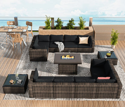 Grezone 15 Pieces Patio Furniture Set with Fire Pit Table, All Weather Outdoor Sectional PE Rattan, Patio Conversation Sets Cushions & Black-glass Coffee Table for Garden Lawn Balcony Porch Deck, Red