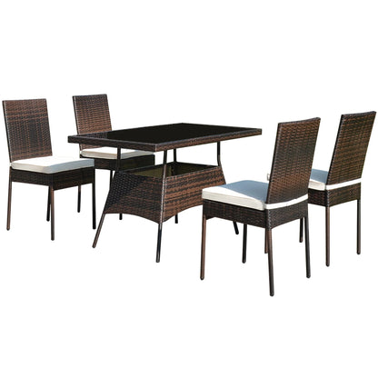 Costway 5 PCS Patio Rattan Dining Set Glass Table High Back Chair Garden Deck Mix Brown