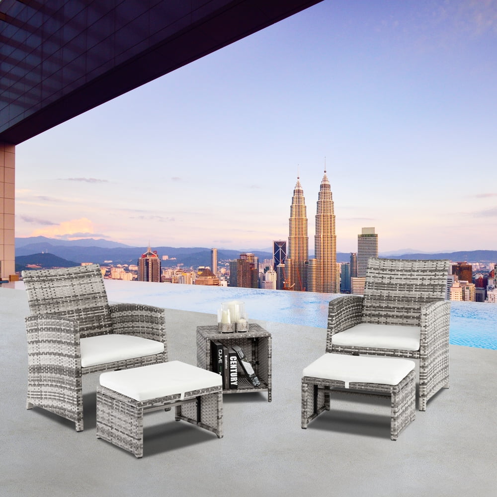 Patio Set Outdoor Furniture, 5 PCS Patio Bistro Set with Glass Coffee Table, Patio Sectional Sofa Conversation Set, Outside Furniture Set for Garden, Backyard, Porch, Balcony, Poolside, JA2936