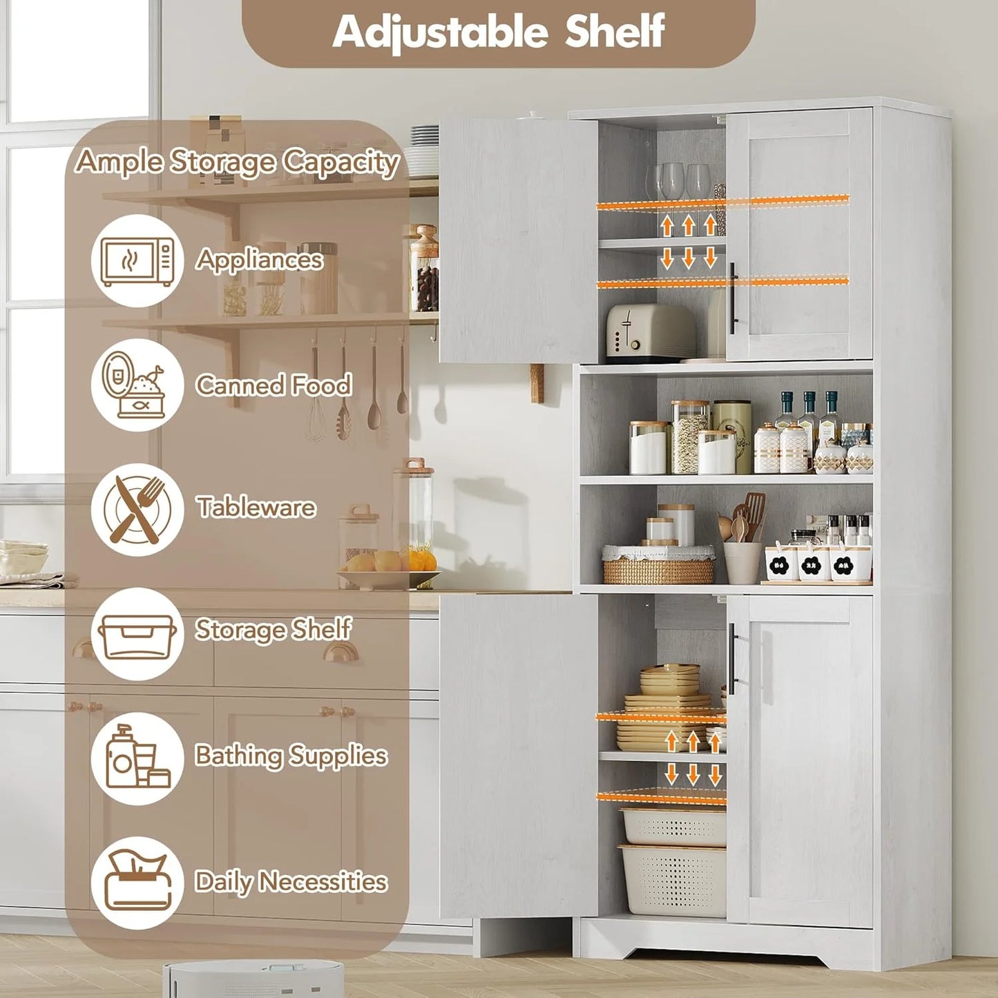 Studyset Tall Bathroom Cabinet, Freestanding Bathroom Storage Cabinet with Glass Doors and Adjustable Shelves, 67" Cupboard Modern Storage Cabinet for Kitchen, Pantry, Living Room