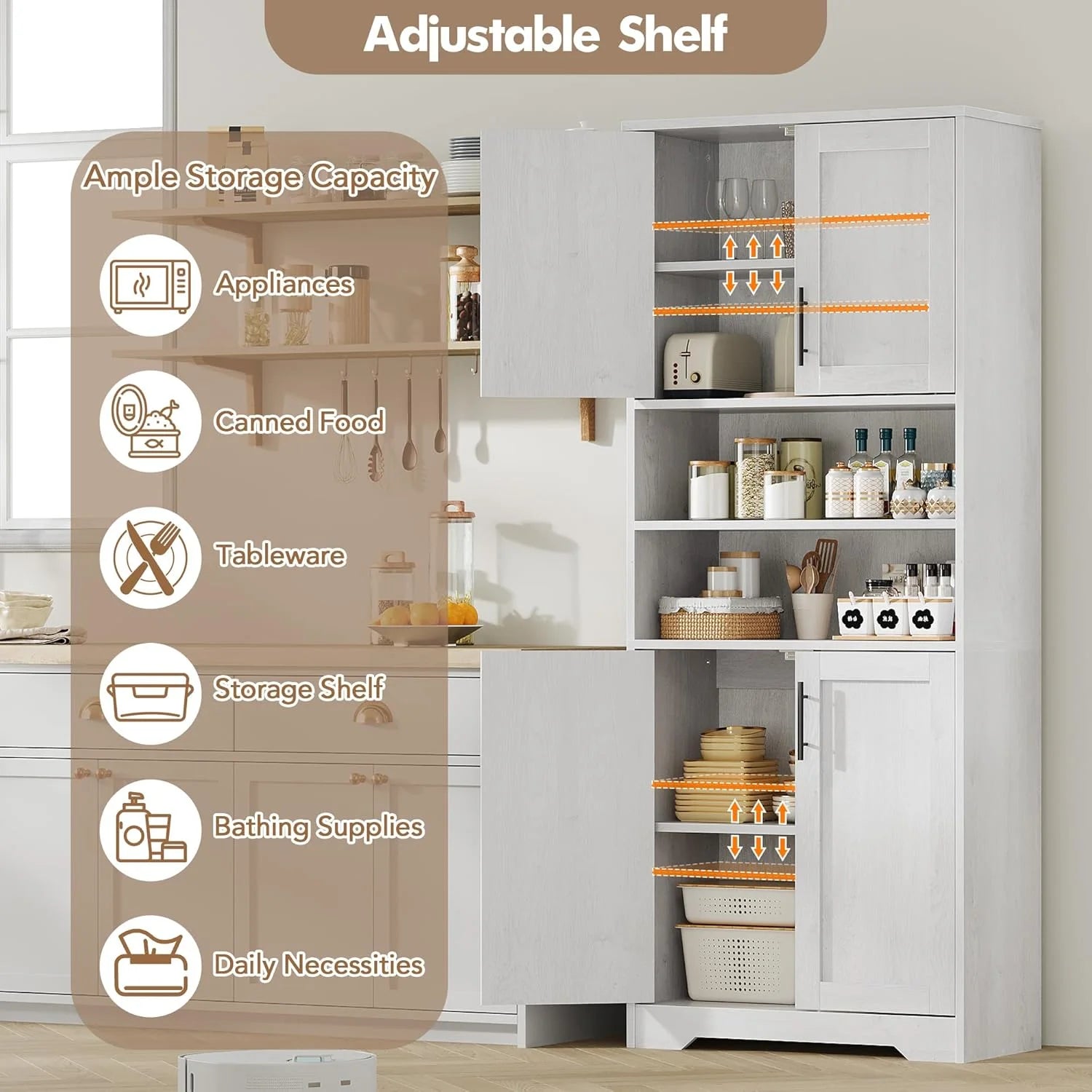 Studyset Tall Bathroom Cabinet, Freestanding Bathroom Storage Cabinet with Glass Doors and Adjustable Shelves, 67" Cupboard Modern Storage Cabinet for Kitchen, Pantry, Living Room