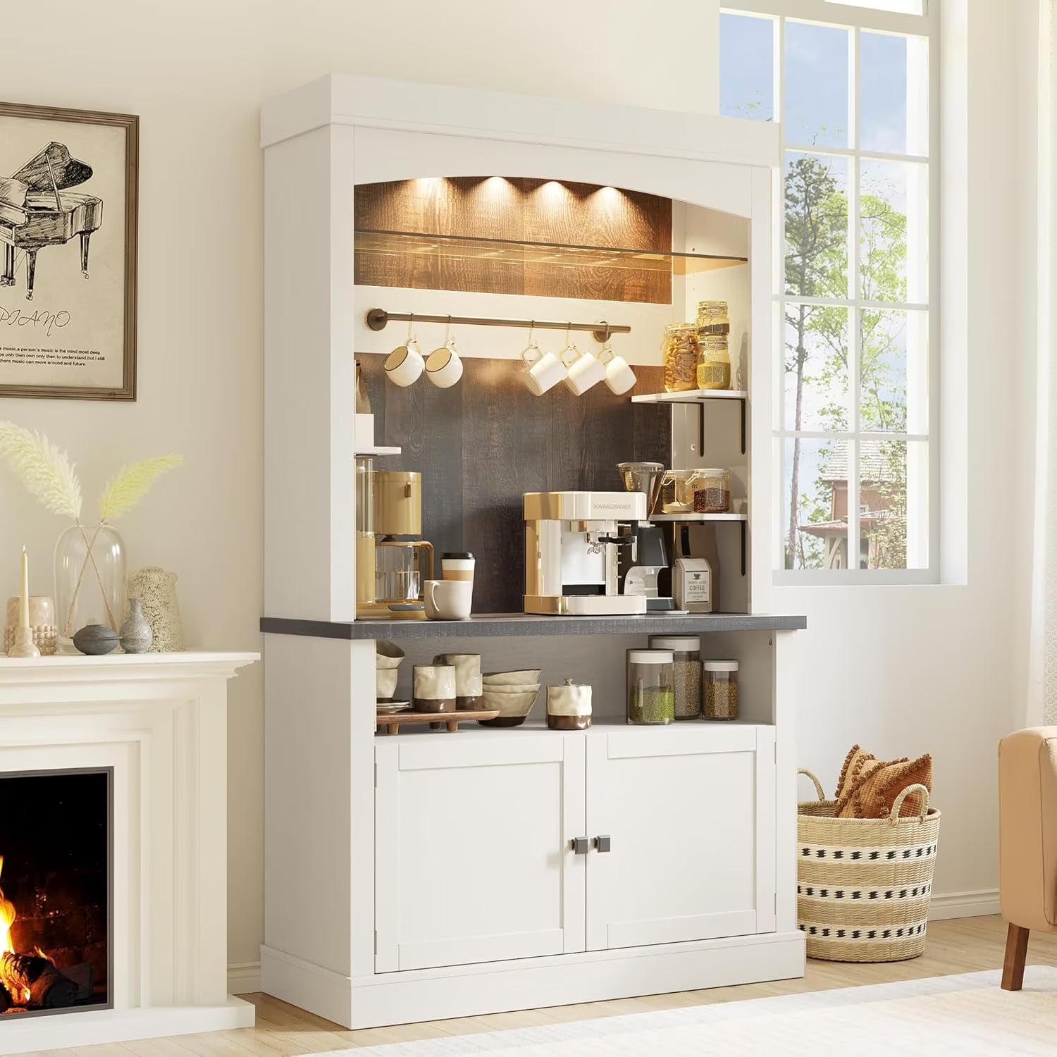 Homhougo Coffee Bar Cabinet with LED Lights, 72" Tall Buffet Cabinet with Storage, Farmhouse Kitchen Sideboard, Microwave Stand, Wine Rack, Glass Shelf, Kitchen & Dining Room Furniture, Dark Oak