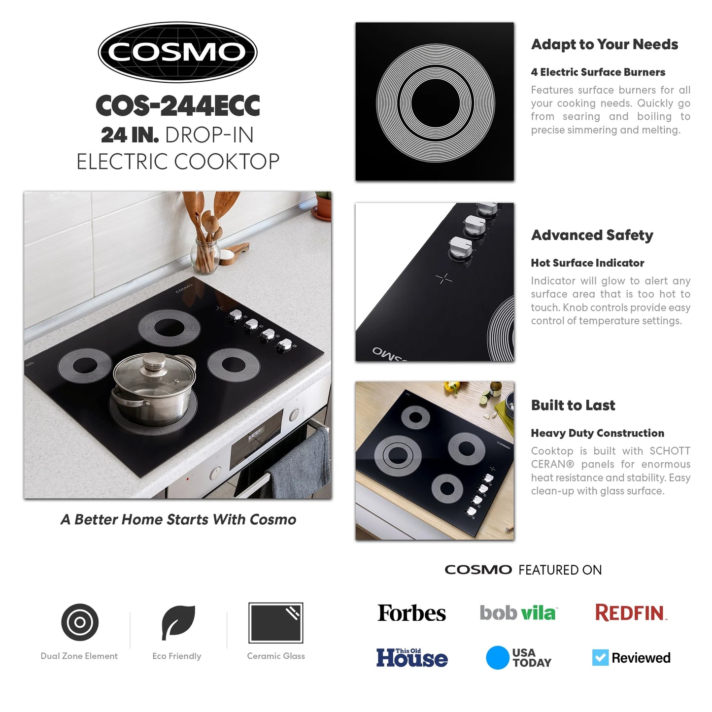 24 in. Electric Ceramic Glass Cooktop with 4 Elements Dual Zone Element