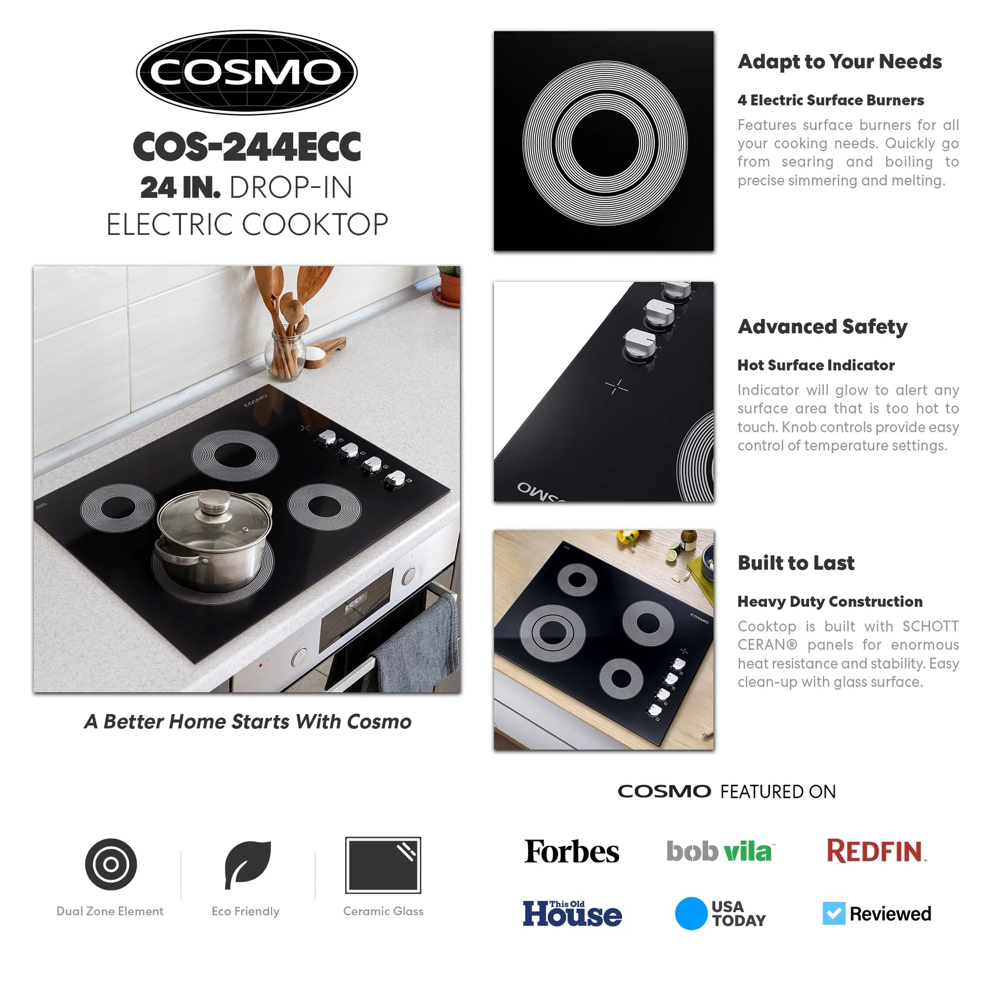 24 in. Electric Ceramic Glass Cooktop with 4 Elements Dual Zone Element