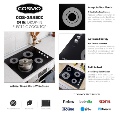24 in. Electric Ceramic Glass Cooktop with 4 Elements Dual Zone Element