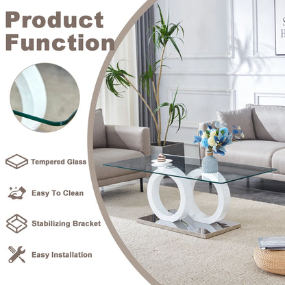 Sudica Rectangle Glass Coffee Table, Modern 47"x25" Tempered Glass Top Tea Table for Living Room, White Base