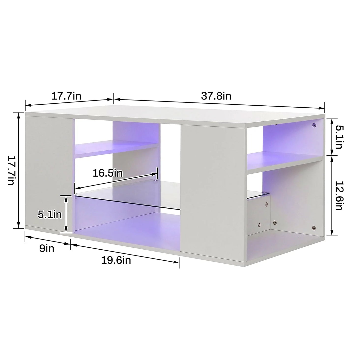 Hommpa LED Coffee Table with Glass Display Shelves for Living Room App and Remote Control LED Lights High Gloss Center Table Sofa Side Tables